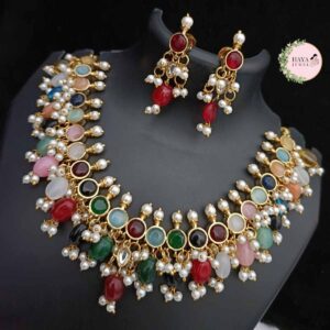 Kundan Navratan Necklace with Earrings, Multicolor Kundan Choker Beautiful High Quality Meenakari Work Jewelry, Wedding Party Jewelry set