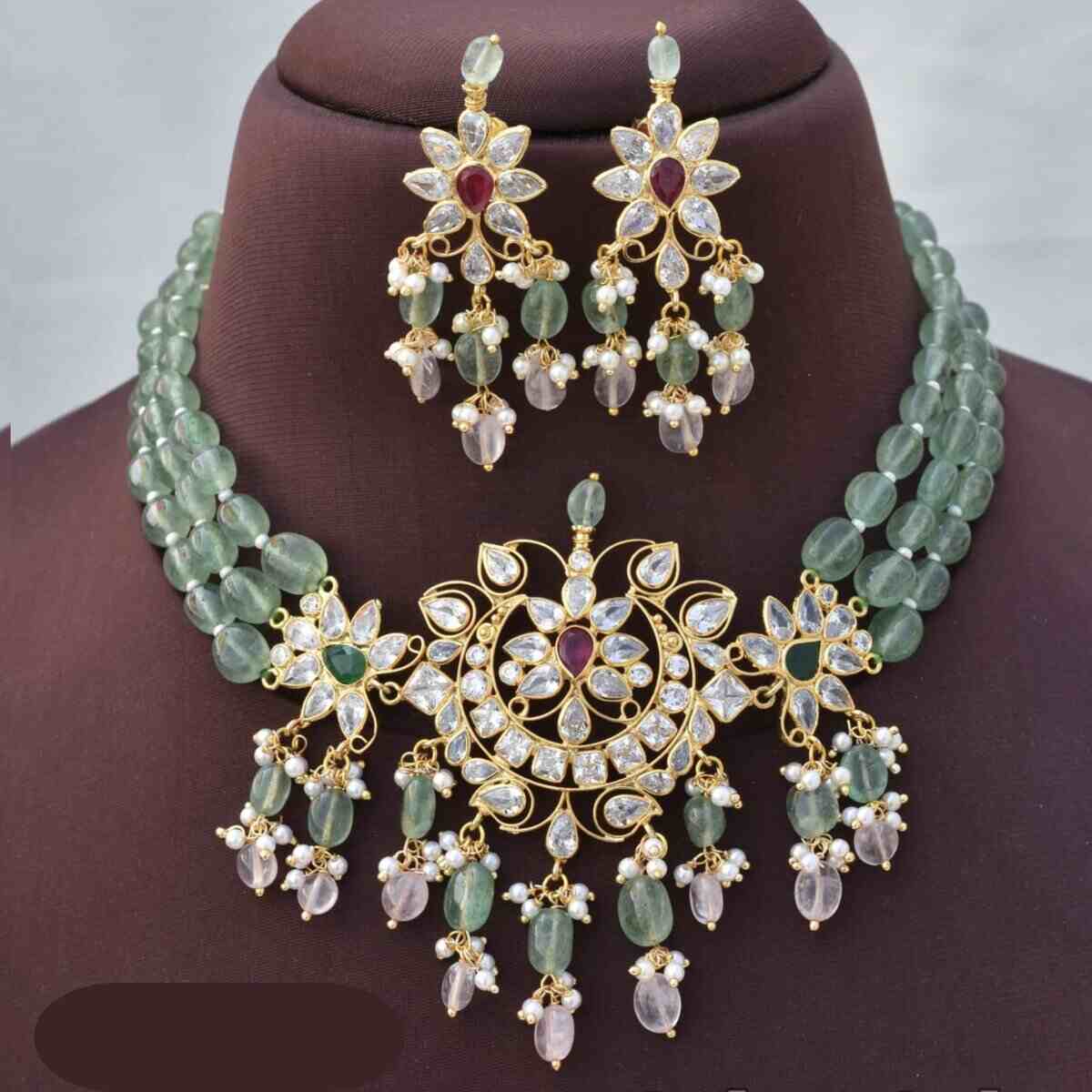 Mint Green Kundan Strawberry beads Necklace set with earrings, Kundan Necklace with Real Flourite Gemstone, indian heavy meenakari jewelry